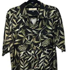 Tommy Bahama Black and Olive Green Tropical Leaf Button-Down Shirt